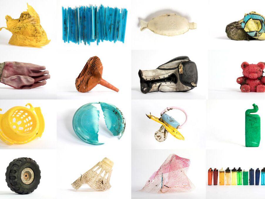 Examples of plastic trash found on the shore of the Thames Estuary in 2018 in Rainham, Kent. Once in the environment, plastic gradually degrades into smaller and smaller microplastics, which can find their way into the food chain and the air we breathe.