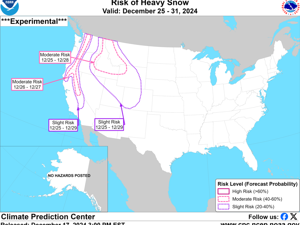 This map by the Climate Prediction Center shows areas at risk of heavy snow from Christmas Day to the end of the year.
