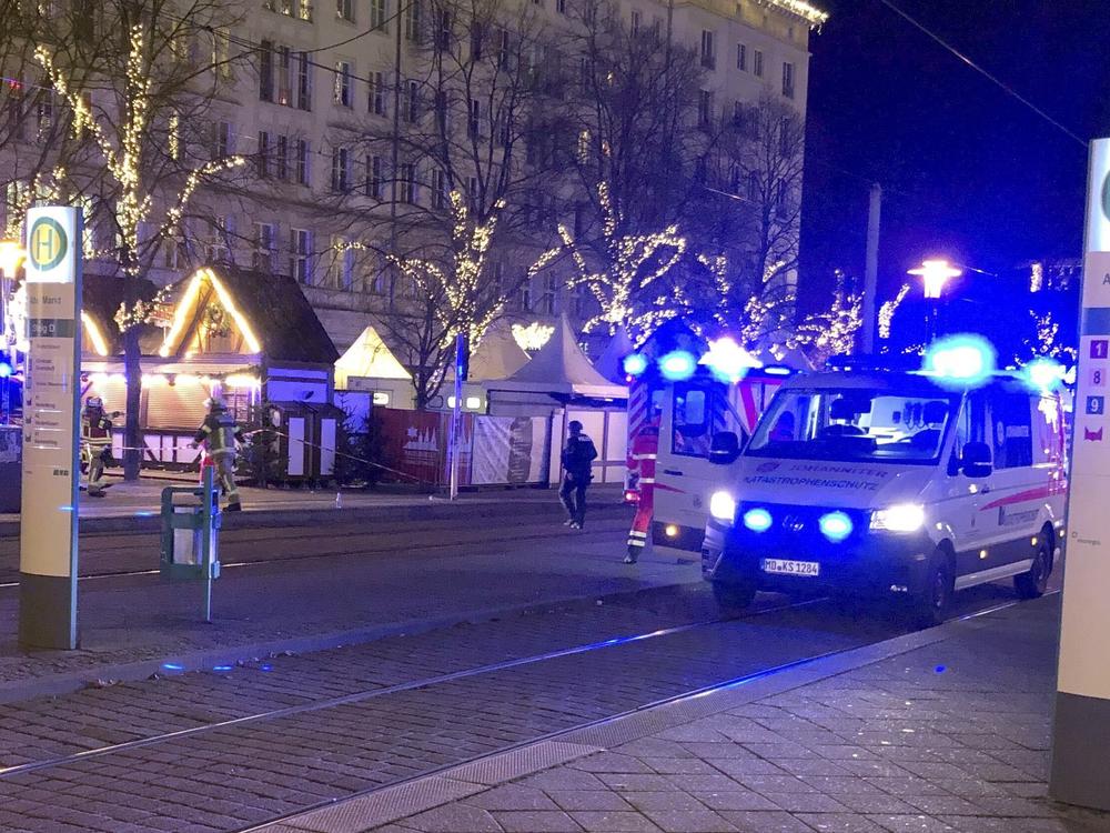 Emergency services attend an incident at the Christmas market in Magdeburg, Germany, on Friday.