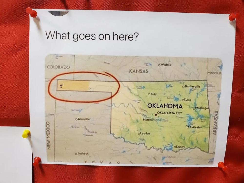 An internet meme about the Oklahoma Panhandle is displayed on a bulletin board at the Oklahoma state historian's office.