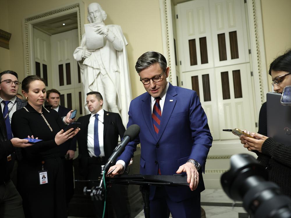 House Speaker Mike Johnson (R-LA) speaks to reporters outside of the House Chambers in the U.S. Capitol in Washington, D.C., on Dec. 19, 2024.