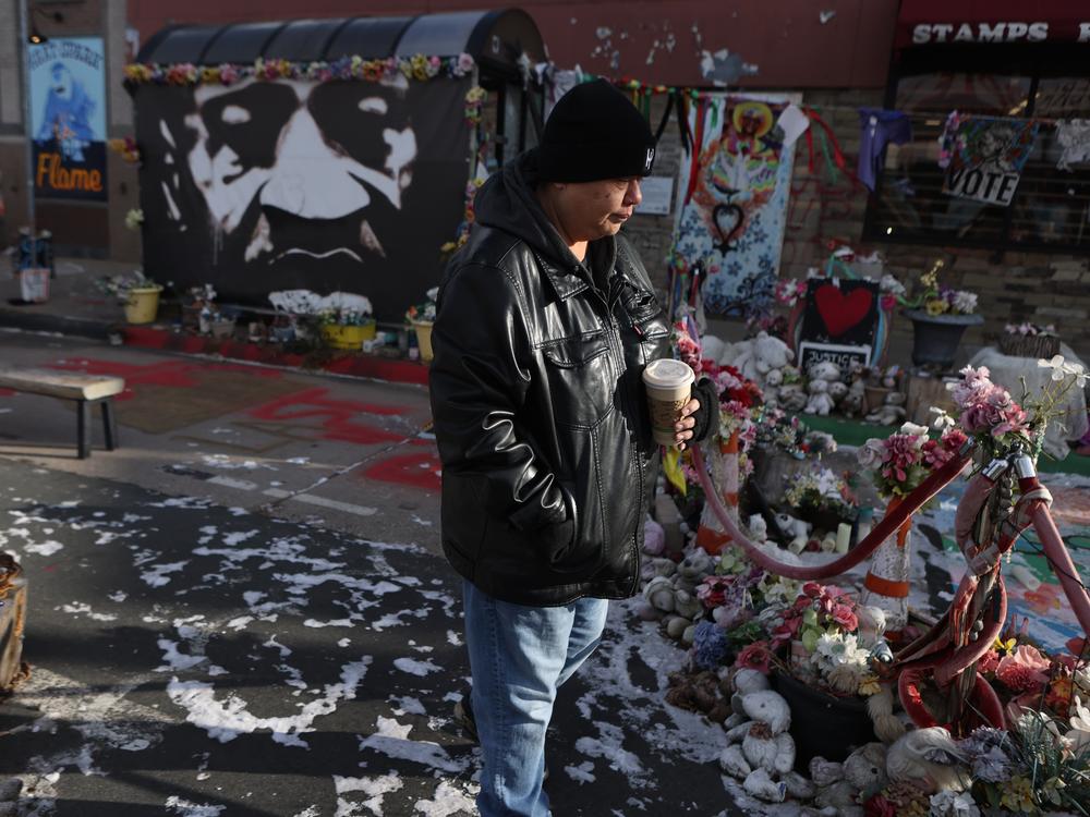 Sequeerity founder Kimmy Hull at the site of where George Floyd was murdered by Minneapolis Police officers in 2020 in Minneapolis on Dec. 5.