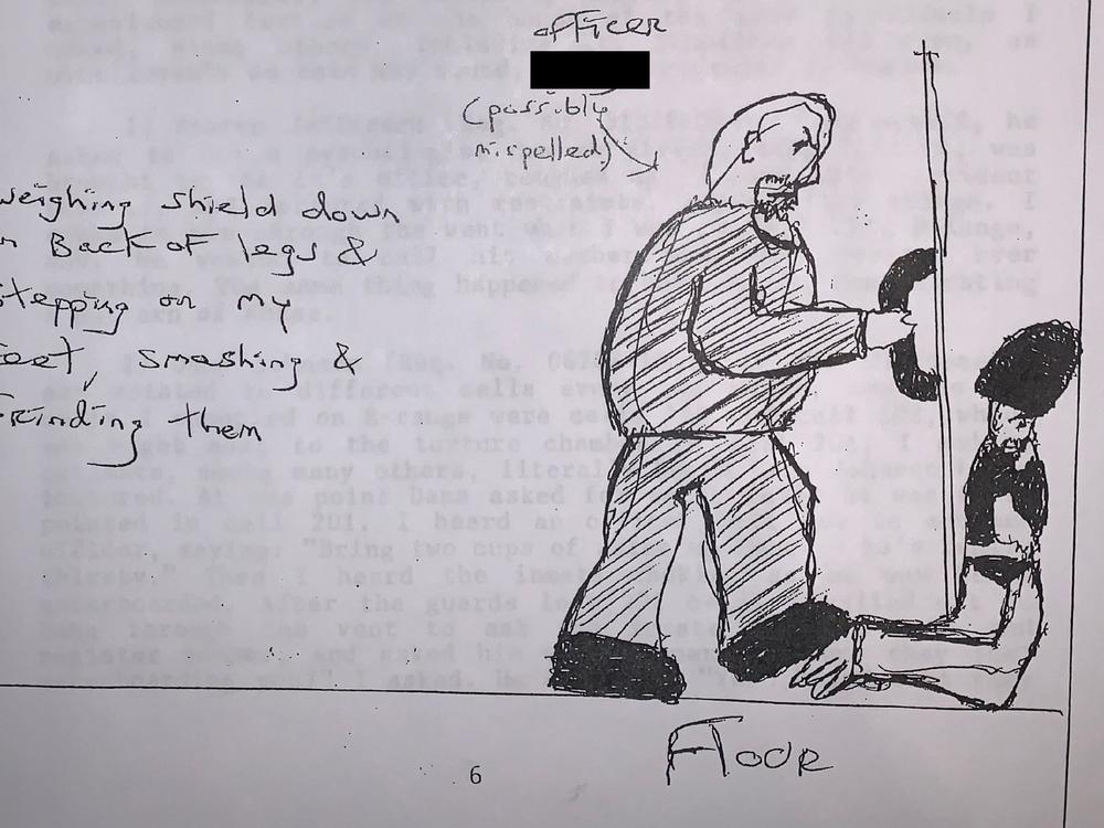 A drawing provided by Santiago depicts how he said officers assaulted him while he was shackled at the wrists, waist, and ankles in the Special Housing Unit of USP Lee.