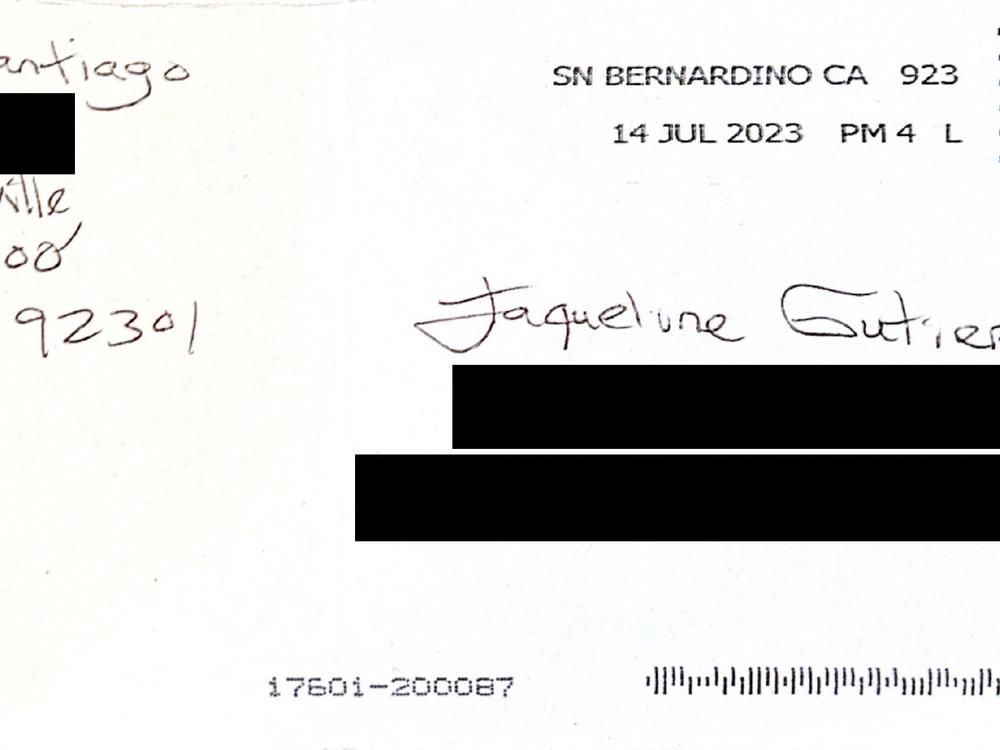 An envelope of a letter from Santiago to his sister, Jackie Gutierrez, after he was transferred out of Lee.