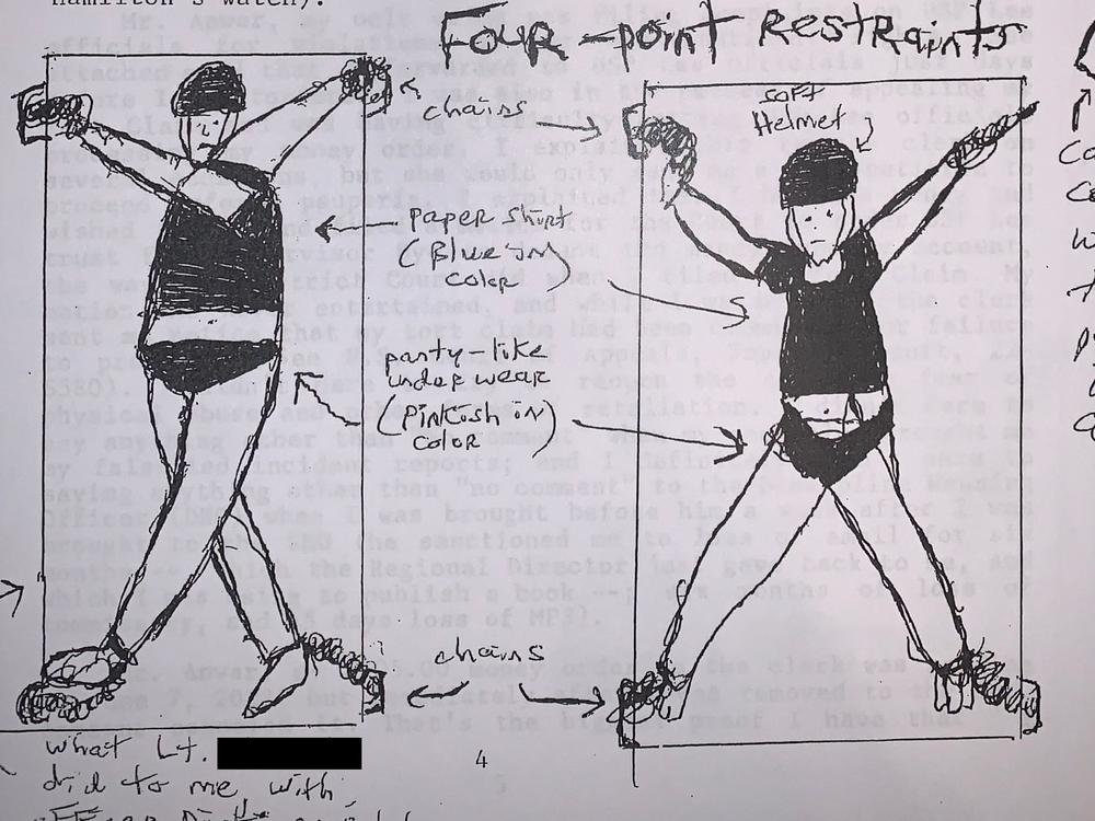 A sketch provided by Marcos Santiago depicting the way he said he was held in four-point restraints for over 10 hours in 2022. It was his first time being held in such restraints after over 20 years in prison, he said.