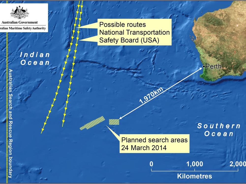This handout Satellite image made available by the AMSA (Australian Maritime Safety Authority) shows a map of the planned search area for missing Malaysian Airlines Flight MH370 on March 24, 2014.