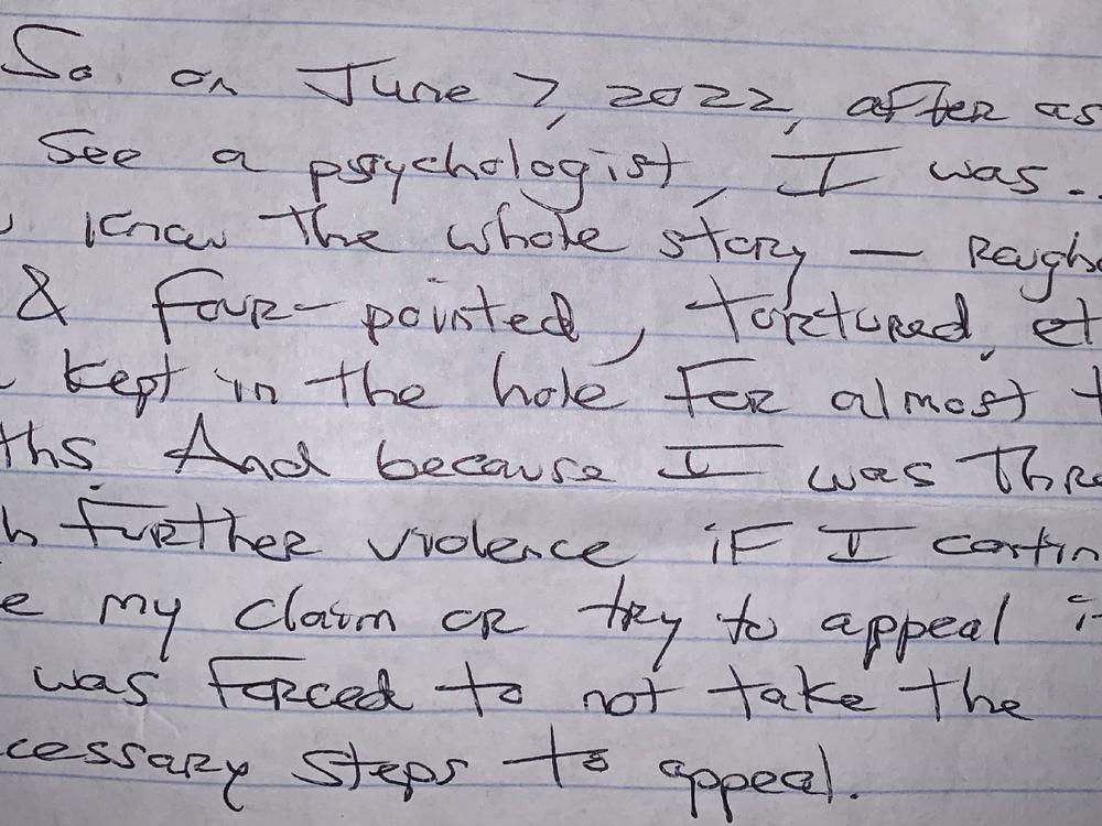 A handwritten letter from Marcos Santiago to his sister about his experience at USP Lee.