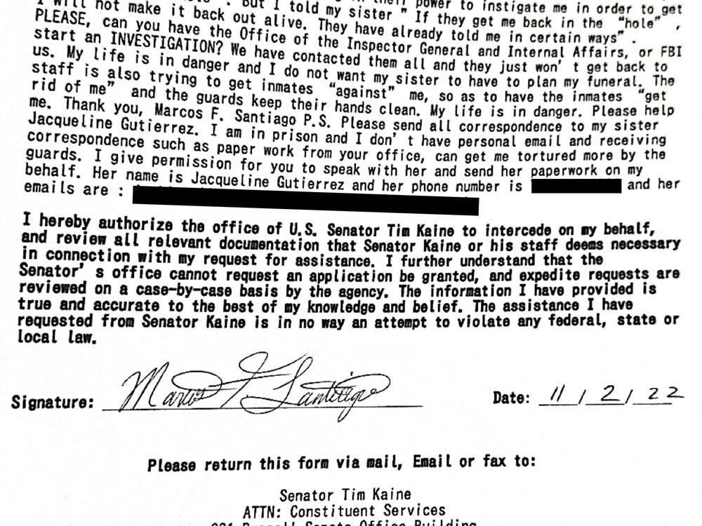 A typed letter to Sen. Tim Kaine from Santiago.