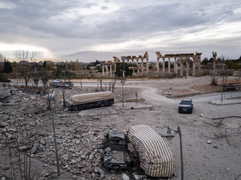 Debris from an Israeli strike that destroyed a hotel and shop near ancient Roman temples to Venus, Jupiter and Bacchus in Baalbek, a UNESCO World Heritage Site in eastern Lebanon.