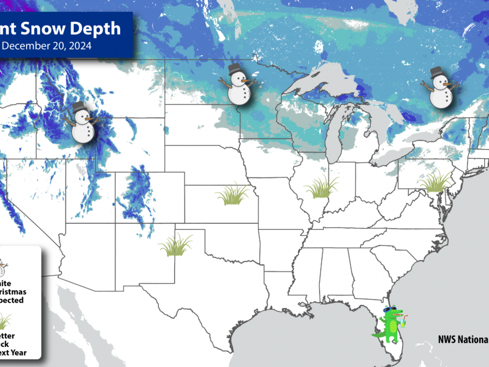 This graphic of the U.S. shows areas that are most likely to have snow on the ground on Christmas Day.