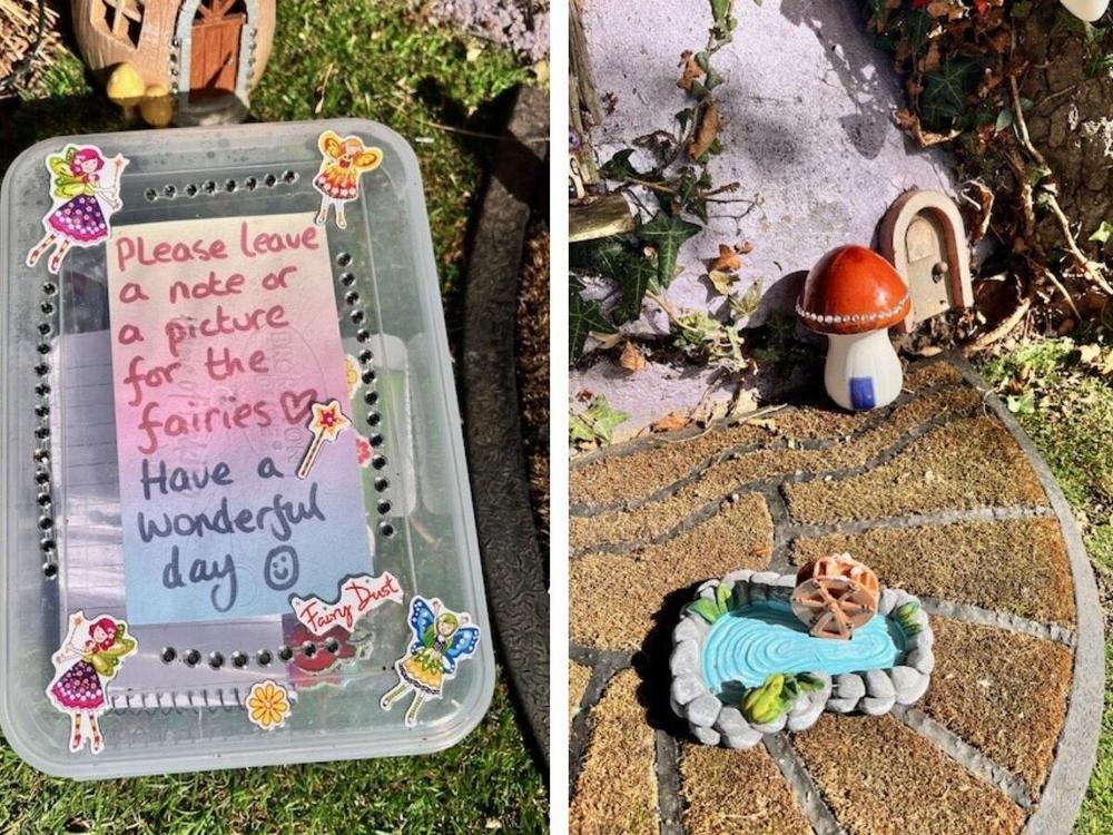 L: A label on a box by the tree asks passersby to leave a note or picture for the fairies. R: The fairy tree is decorated for different seasons at different points of the year.