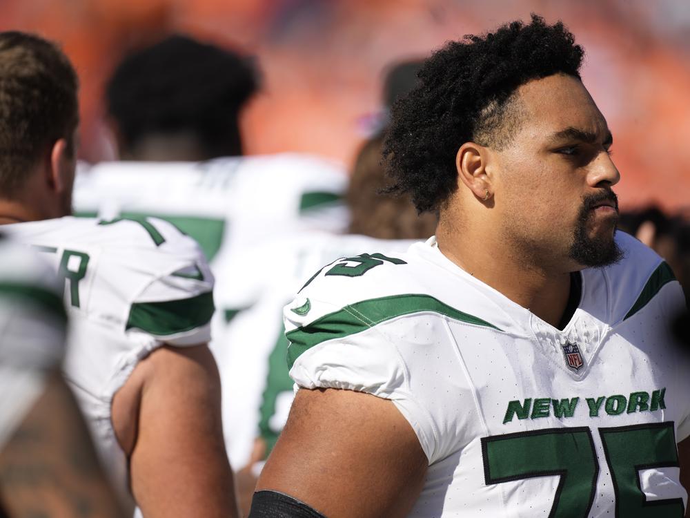 New York Jets guard Alijah Vera-Tucker during an NFL game against the Denver Broncos in October. Vera-Tucker, from Mexico, is one of several players being filmed going back to their hometowns and retracing their journeys.