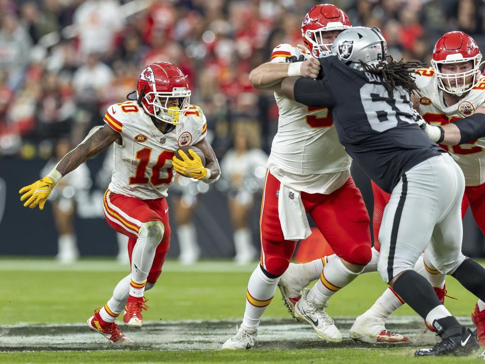 Kansas City Chiefs running back Isiah Pacheco runs the ball against the Las Vegas Raiders in an NFL football game last month in Las Vegas.