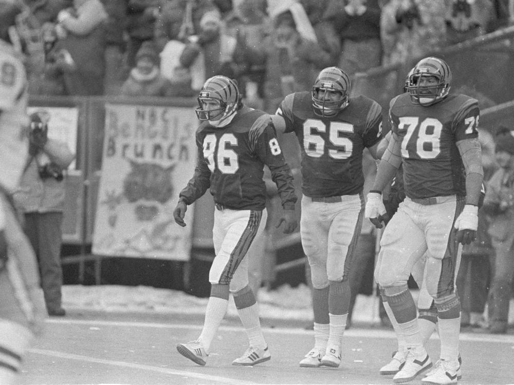 Members of the Cincinnati Bengals offensive line include wide receiver Steve Kreider (86), right guard Max Montoya (65) and left tackle Anthony Munoz (78) during an NFL game in 1981.