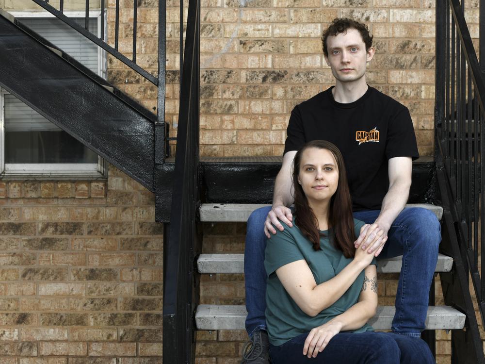 Dakota Heath, 26, and Jordyn Glick, 27, at their apartment building in Lubbock, Texas. Heath takes care of Glick, who has an unpredictable and painful gastrointestinal disorder. Roughly a quarter of family caregivers are young adults.