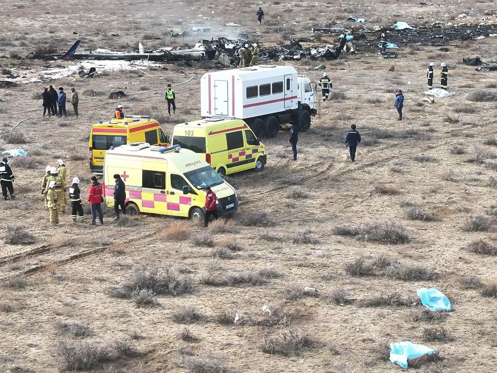 The wreckage of Azerbaijan Airlines Embraer 190 lays on the ground near the airport of Aktau, Kazakhstan, on Wednesday.