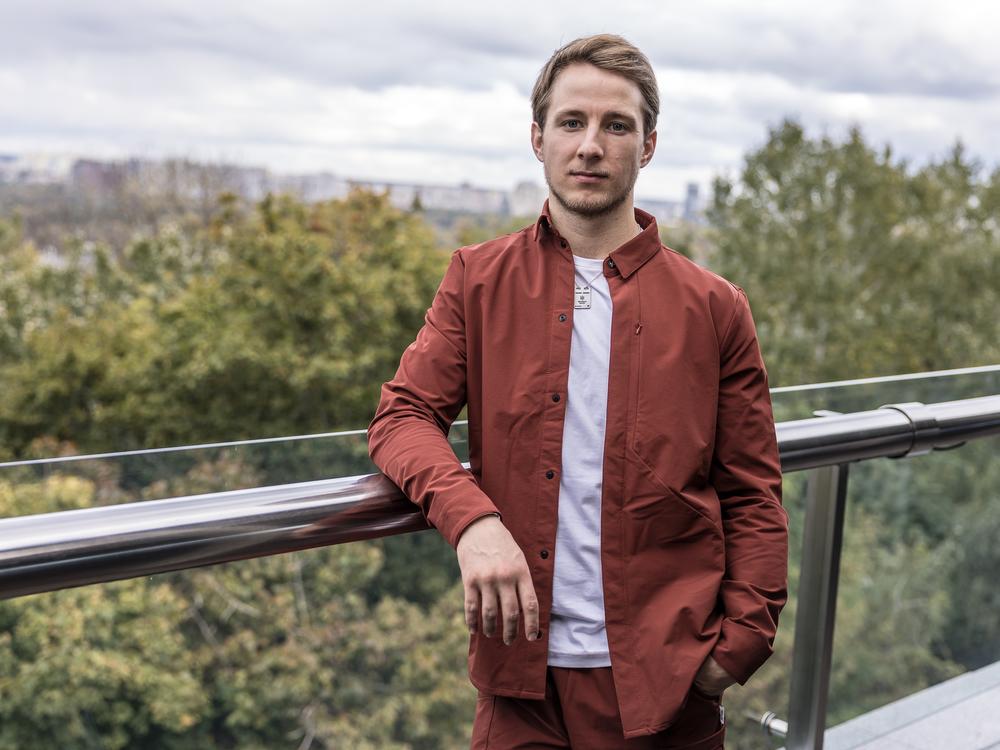 Oleksandr Budko, a 28-year-old Ukrainian war veteran, whose military call sign is Teren, poses for a portrait in Kyiv, Ukraine, on Oct. 18. Budko, a double amputee, participated in the Ukrainian version of the TV show <em>The Bachelor</em>.