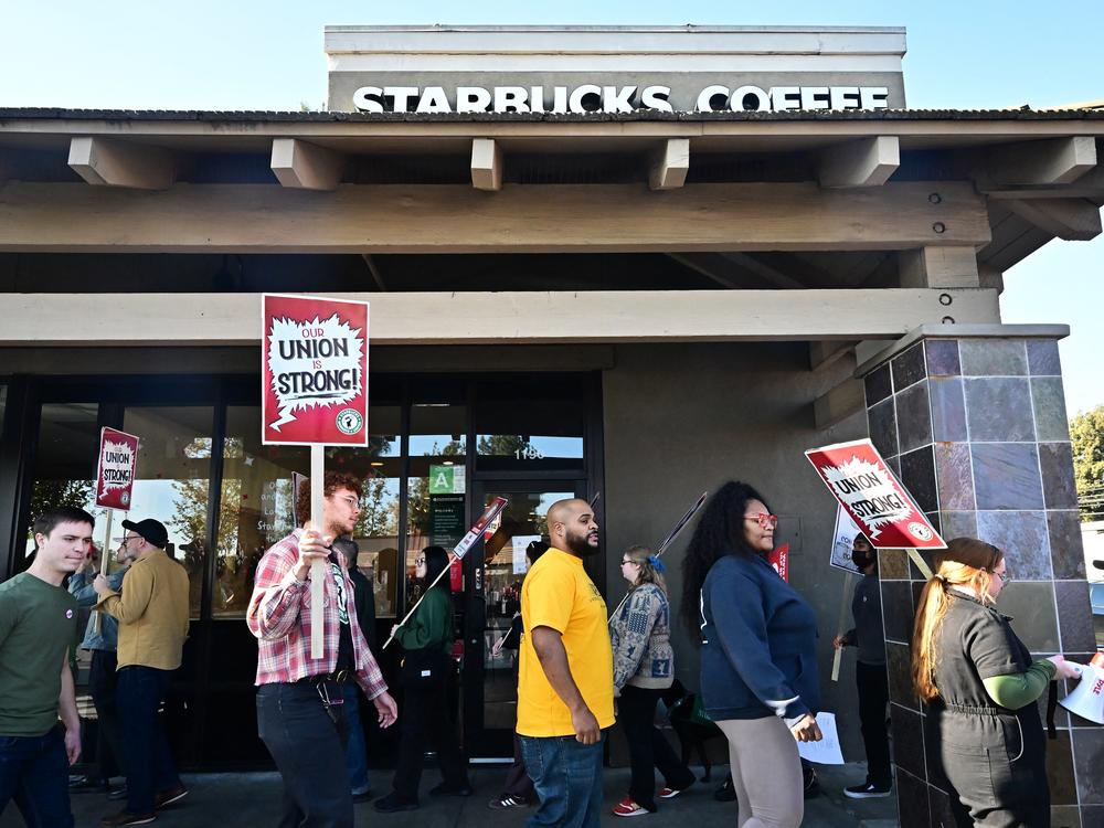 Starbucks workers hold signs as they picket in Burbank, Calif., on Friday.