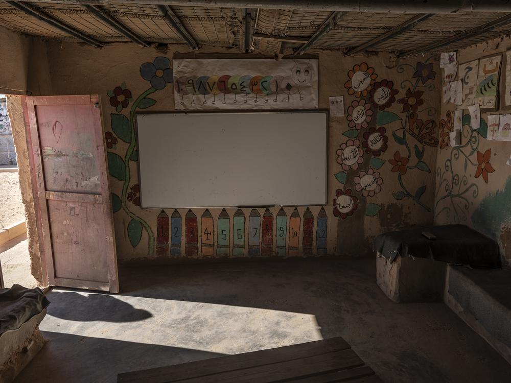 An empty classroom during a weekend in the Rukban camp. The U.S.-based Syrian Emergency Task Force opened eight schools here two years ago, staffed with volunteer teachers from the camp.