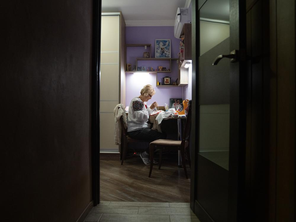 Hanna Haiduk does her embroidery mostly at home in Uzhhorod, a city in western Ukraine. She lost her son when he went to fight at the beginning of Russia's full-scale invasion in 2022.