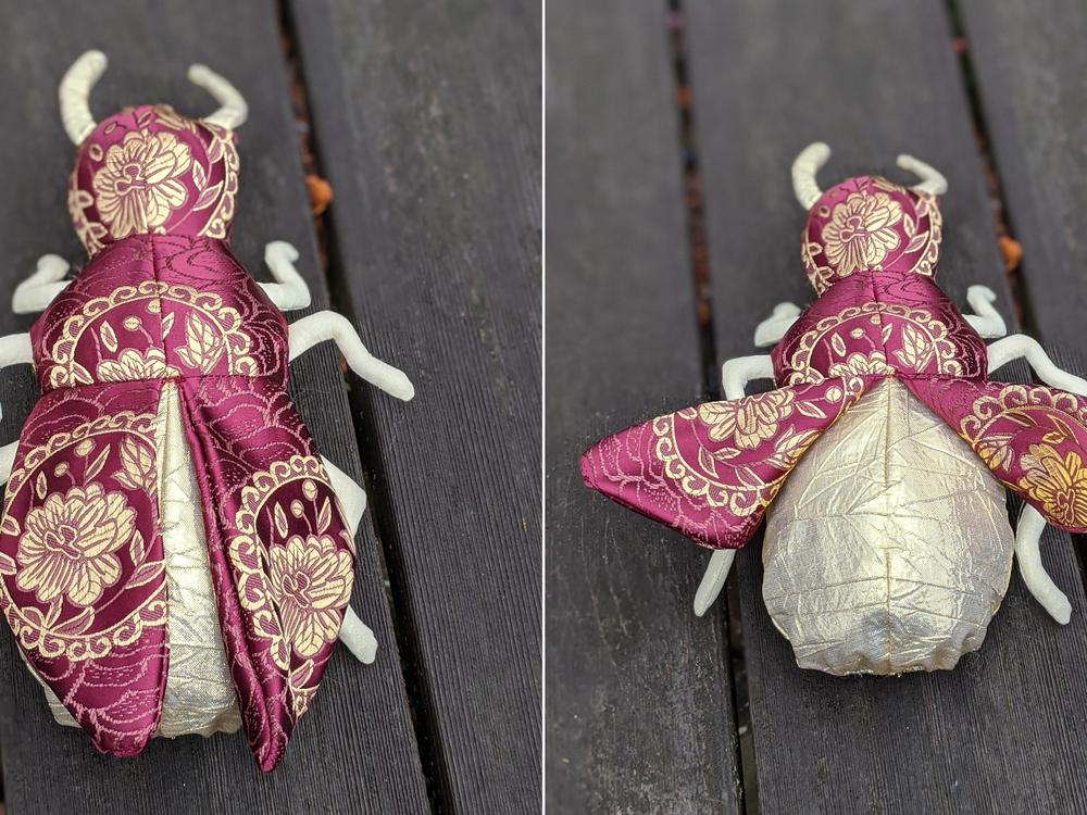 Beth Patton's favorite gift she's given through the holiday exchanges this year was inspired by her anonymous recipient's fondness for antiques and beetles. She made a stuffed beetle plushie using antique brocade fabrics she found. 