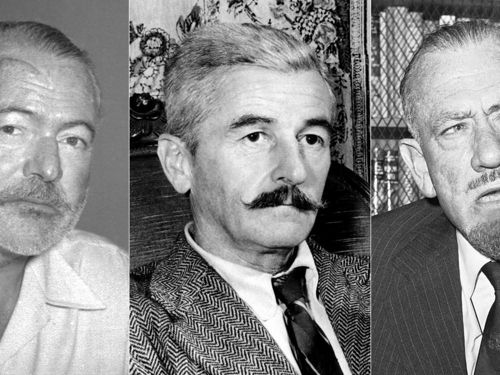 From left: Ernest Hemingway in 1950, William Faulkner in 1950, and John Steinbeck in 1962.