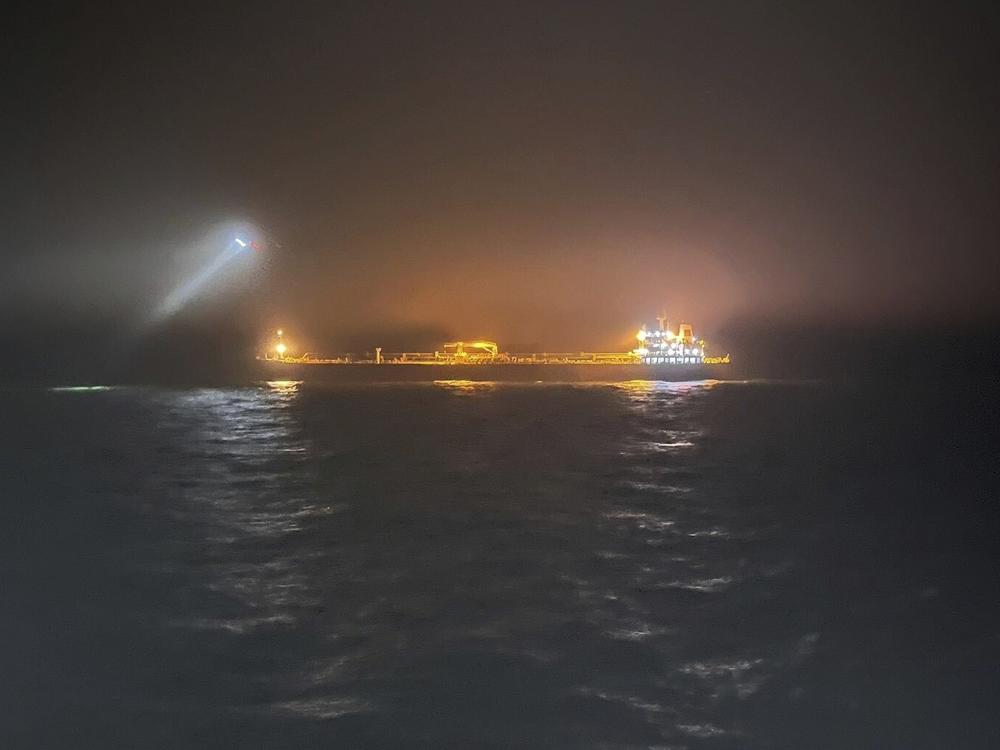 This photo provided by Rajavartiosto (Finnish Border Guard) on Thursday, Dec. 26, 2024, shows the oil tanker Eagle S at sea outside Porkkalanniemi, Finland.