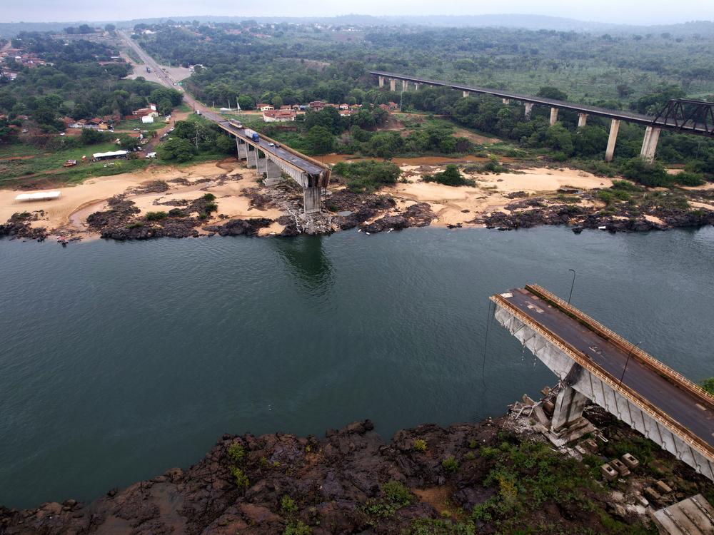 The Juscelino Kubitschek Bridge, which collapsed into the Tocantins River in Estreito, Maranhao state, Brazil, is shown on Tuesday. Several cars and trucks crossing the bridge when it collapsed on Sunday fell into the river, killing nine people. Others are still missing.