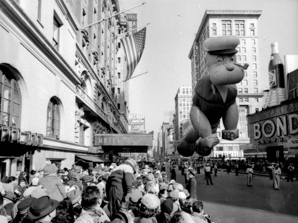 A helium-filled Popeye balloon participates in the 33rd Macy's Thanksgiving Day Parade in New York in 1959, three decades after his comic strip debut.
