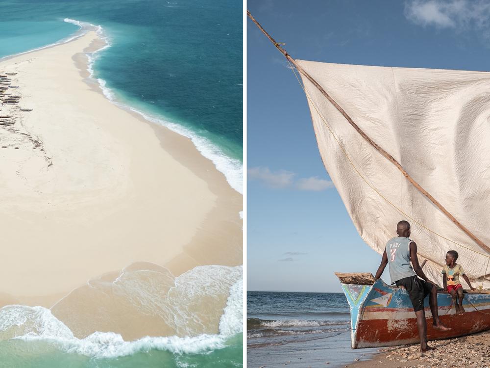 Left: Nosy Manandra is a sand bank in the Barren Isles, so small that it disappears underwater at spring tide. Hundreds of Vezo fishermen live here up to 9 months a year. Right: A family prepares their pirogue to go fishing.