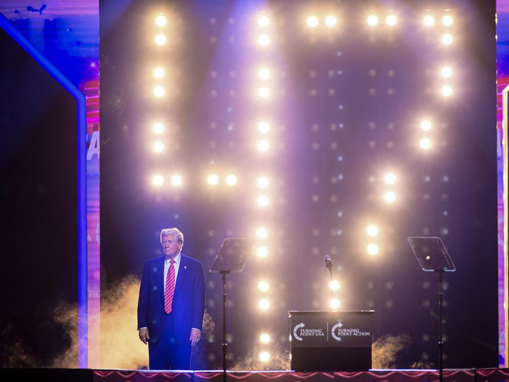 President-elect Donald Trump arrives to speak during Turning Point's annual AmericaFest 2024 in Phoenix on Dec. 22.