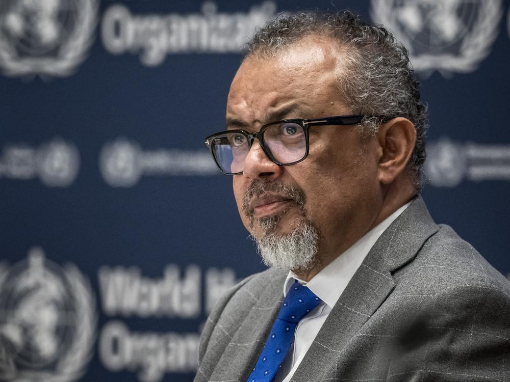 WHO Director-General Tedros Adhanom Ghebreyesus looks on during a press conference with the Association of Accredited Correspondents at the United Nations (ACANU) at the World Health Organization's headquarters in Geneva, on December 10, 2024.