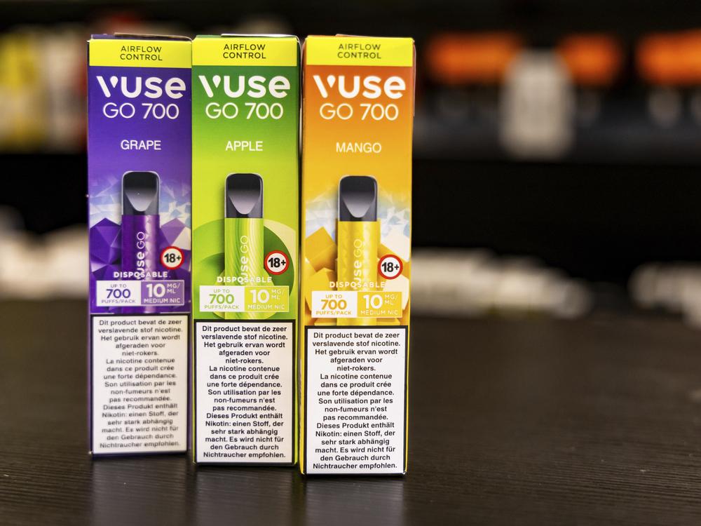 Flavored varieties of disposable electronic cigarette devices are on display in a shop in Brussels on Dec. 12, 2024, ahead of Belgium's ban on the sale of disposable vapes as of Jan. 1, 2025.