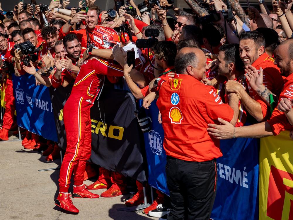 Scuderia Ferrari driver Charles Leclerc of Team Monaco and Frédéric Vasseur, principal of the Scuderia Ferrari, celebrate their win at the Formula 1 Pirelli United States Grand Prix at Circuit of the Americas on Oct. 20. Full story <a href=