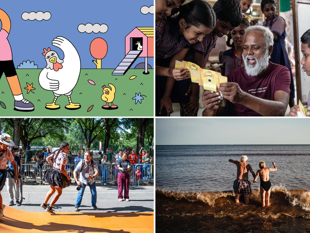 Clockwise from upper left: Chicken-sizing will keep you fit. Educator Mo Pandiarajan excitedly shows his students a view of the specimen in a foldscope — a microscope made of paper. Bolivian skateboarders show off their moves at the Smithsonian Folklife Festival in Washington, D.C., in June. A couple holding hands on Pocitos Beach in Montevideo, Uruguay, captivated the photographer.