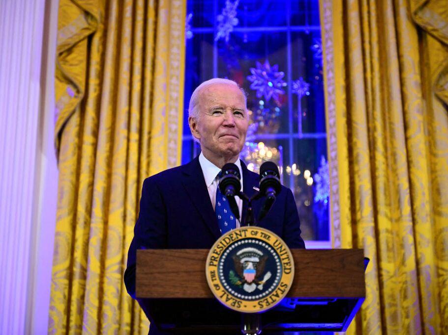 President Biden speaks during a Hanukkah holiday reception in the East Room of the White House on Dec. 16.