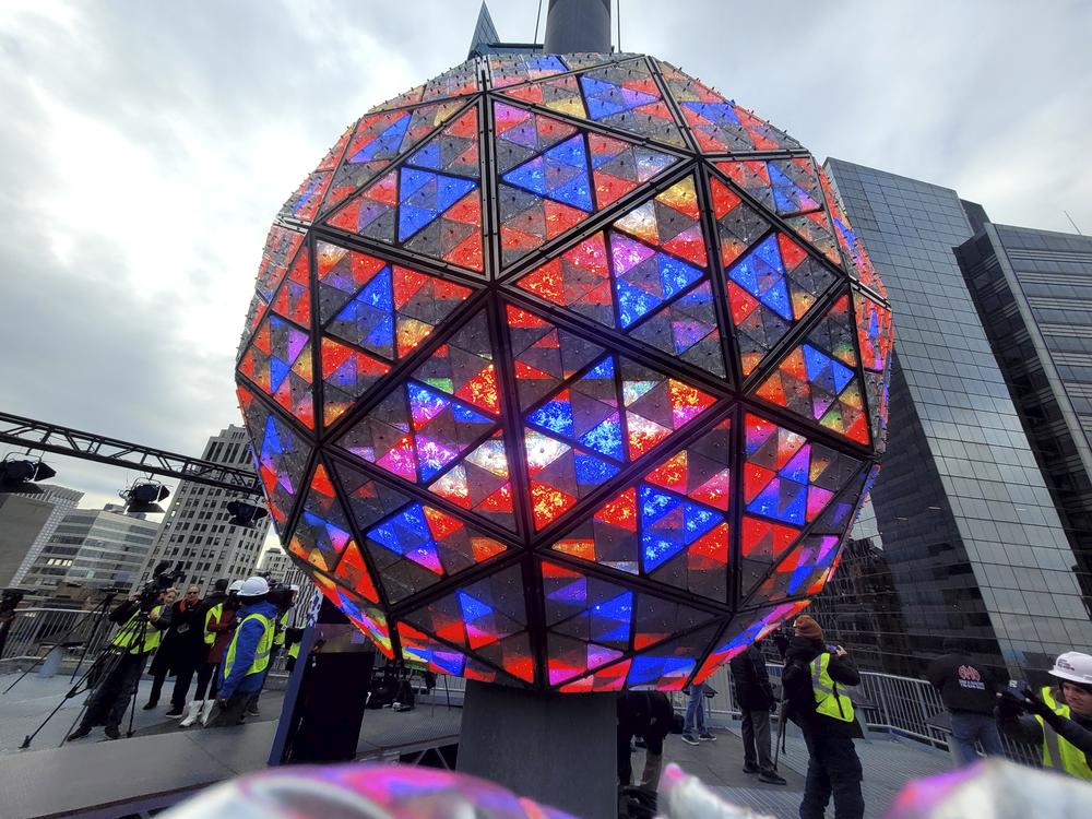 The New Year's Eve ball is pictured in Times Square on Saturday, Dec. 30, 2023. There have been a half dozen iterations since the tradition started in 1907.