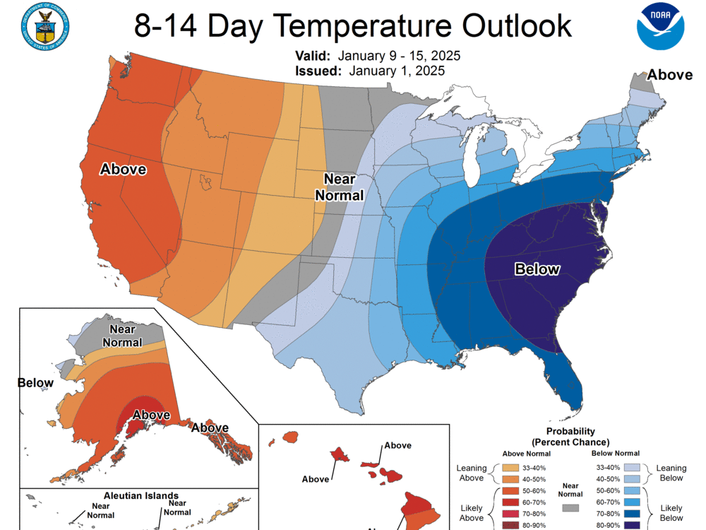 National Weather Service forecasters predict temperatures will be well below normal in a large swath of the U.S. through at least mid-January.
