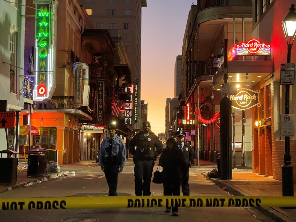 Police cordon off the area around the site of the overnight attack in New Orleans.