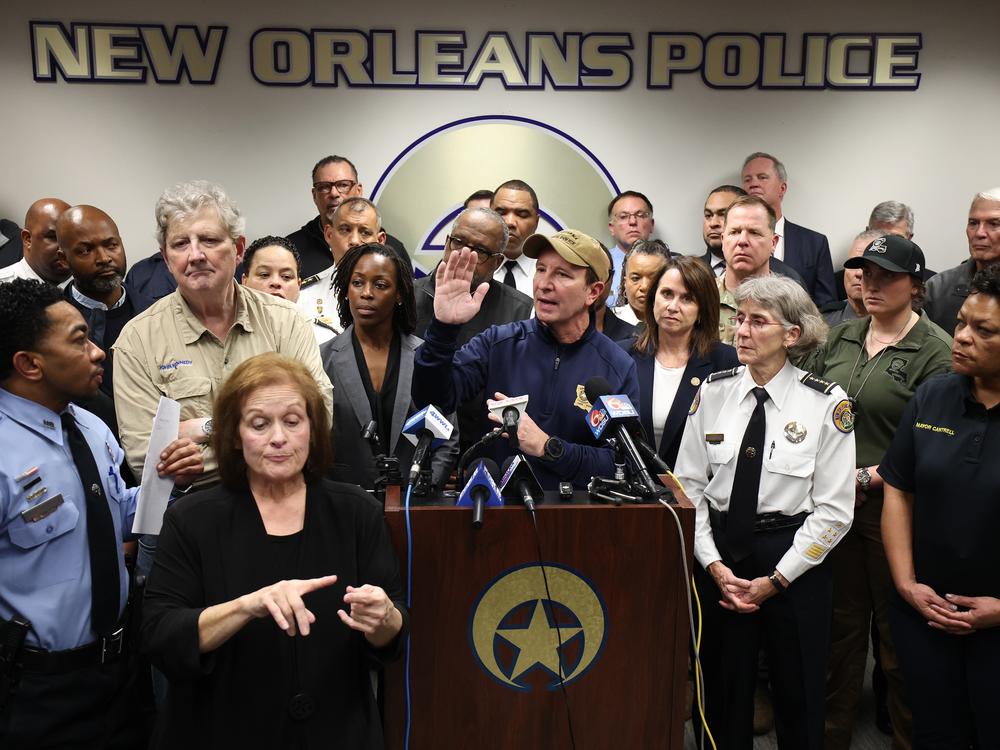 Louisiana Gov. Jeff Landry speaks to the media during a press conference on Jan. 1, 2025, in New Orleans.