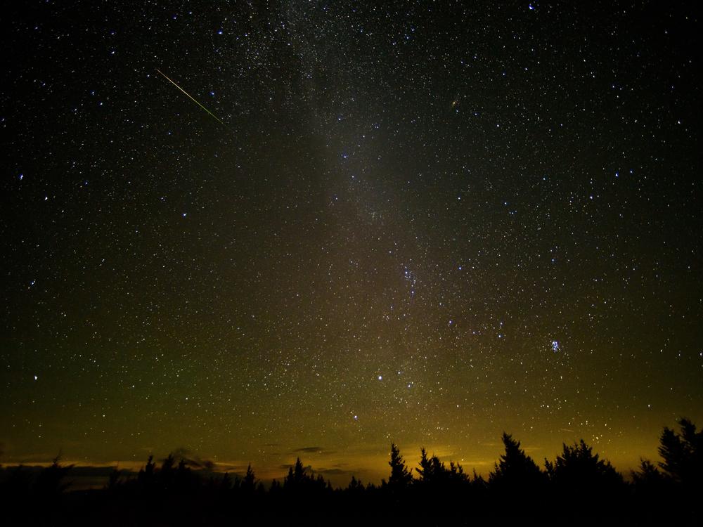 In this 30 second exposure, a meteor streaks across the sky during the annual Perseid meteor shower Friday, Aug. 12, 2016 in Spruce Knob, W. Va.