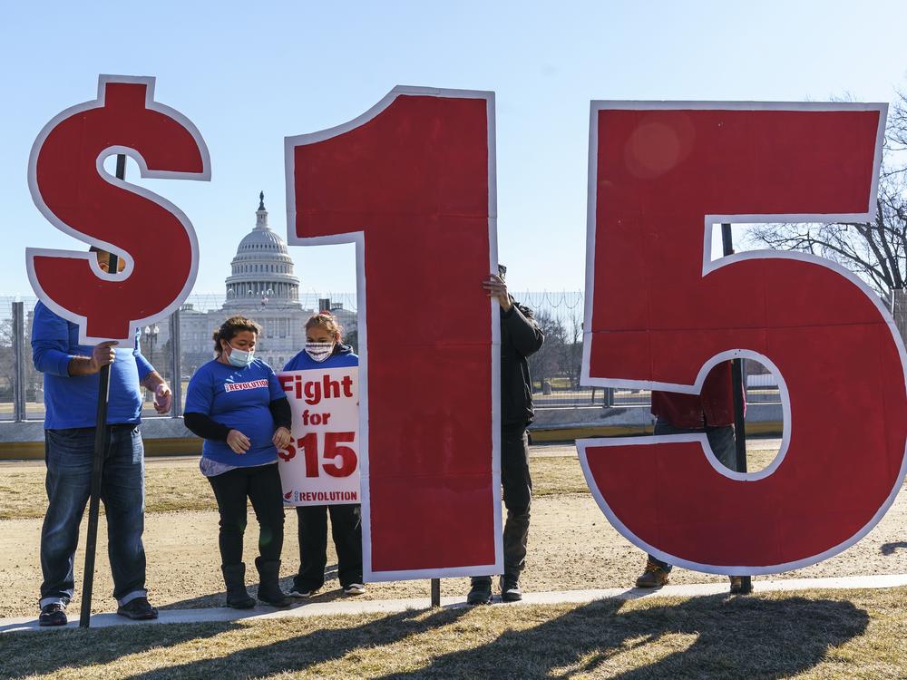 Activists appeal for a $15 minimum wage near the Capitol in Washington in 2021.