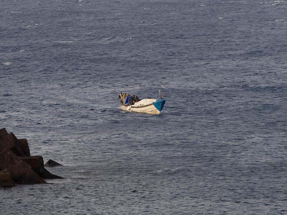 A boat with 57 migrants onboard arrives at La Restinga port on the Canary island of El Hierro, on September 14, 2024.