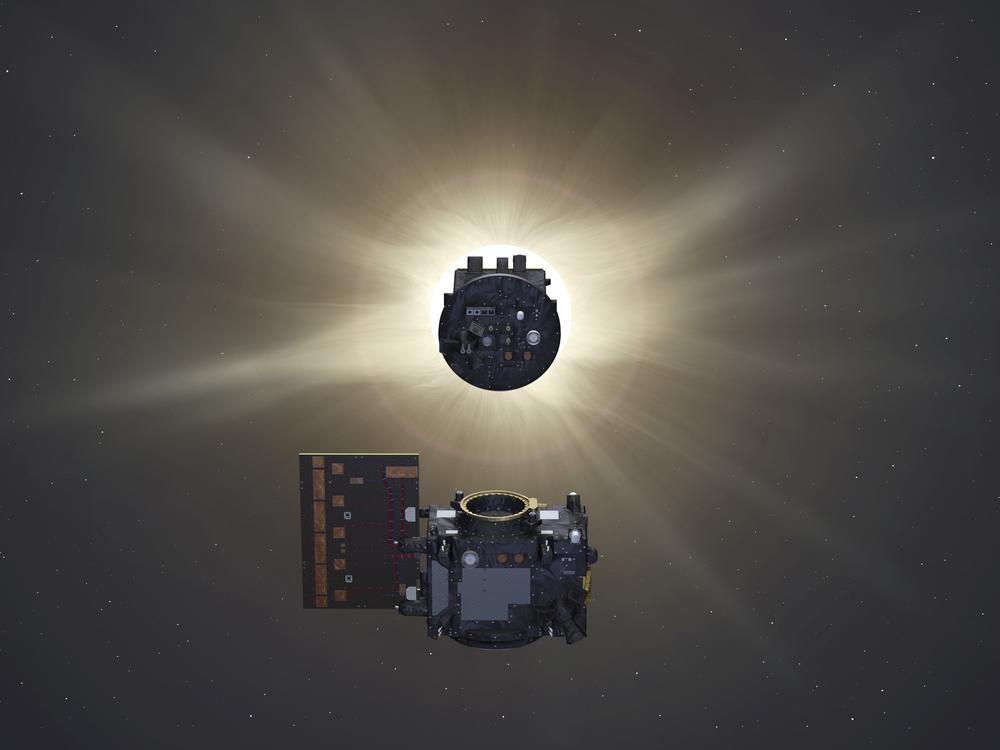 In this illustration, the two spacecraft of Proba-3 fly in precise formation about about 500 feet apart to form an external coronagraph in space. One spacecraft eclipses the sun to allow the second to study the invisible solar corona.