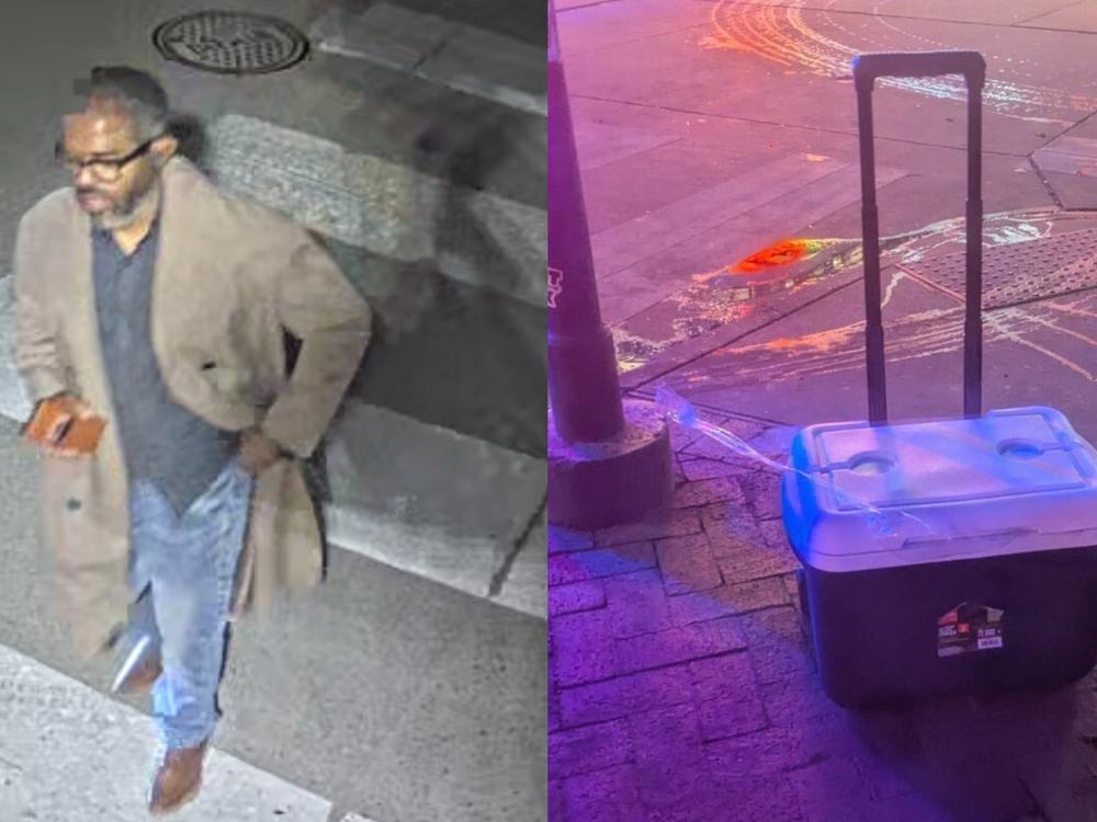 Left: An image that was pulled from security footage and released by the FBI shows Shamsud-Din Jabbar, a 42-year-old Army veteran, in the hour before Wednesday's vehicle attack on Bourbon Street. Right: One of the coolers containing an IED that the agency said Jabbar placed near the intersection of Bourbon and Orleans Street.