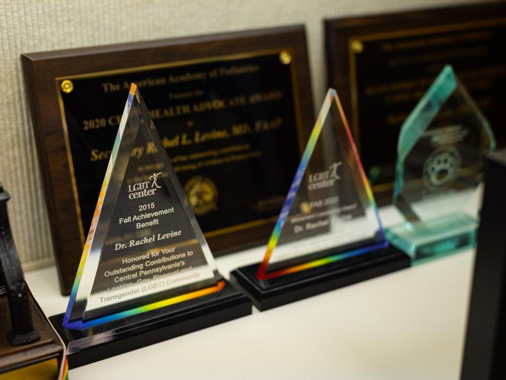 Admiral Rachel L. Levine, MD, assistant secretary for health, keeps a wall of awards outside her office in Washington, DC.
