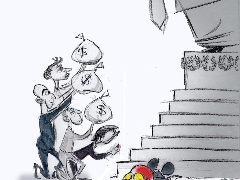 Ann Telnaes says the rough version of the cartoon she drew for <em>The Washington Post</em> , shown above, was rejected by the paper's editorial page editor.