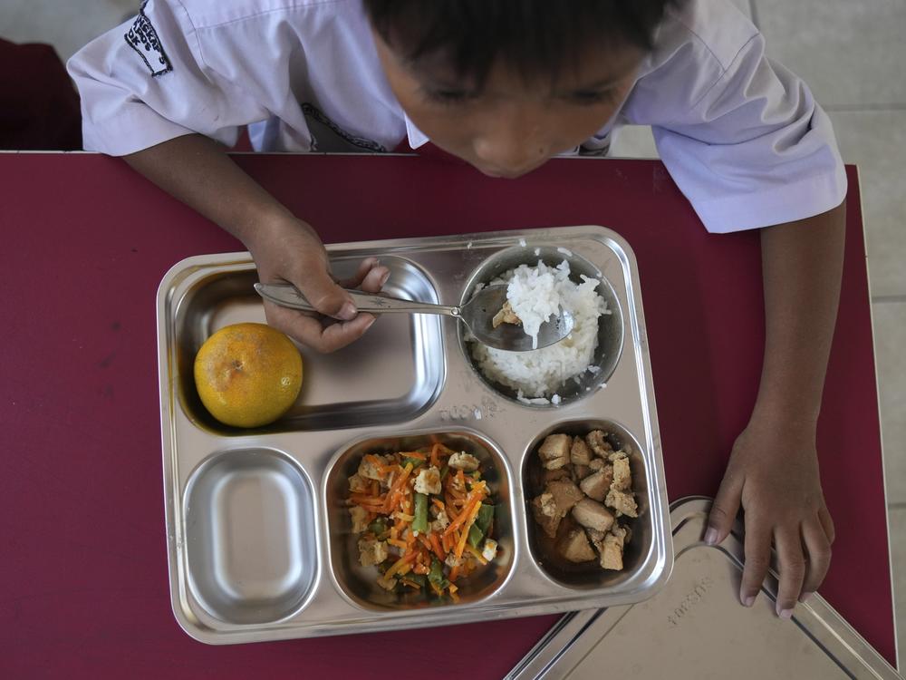 A student has his meal during the kick off of President Prabowo Subianto's ambitious free meal program to feed children and pregnant women nationwide — despite critics saying that its required logistics could hurt Indonesia's state finances and economy — at an elementary school in Depok, West Java, Indonesia, Monday, Jan. 6, 2025.