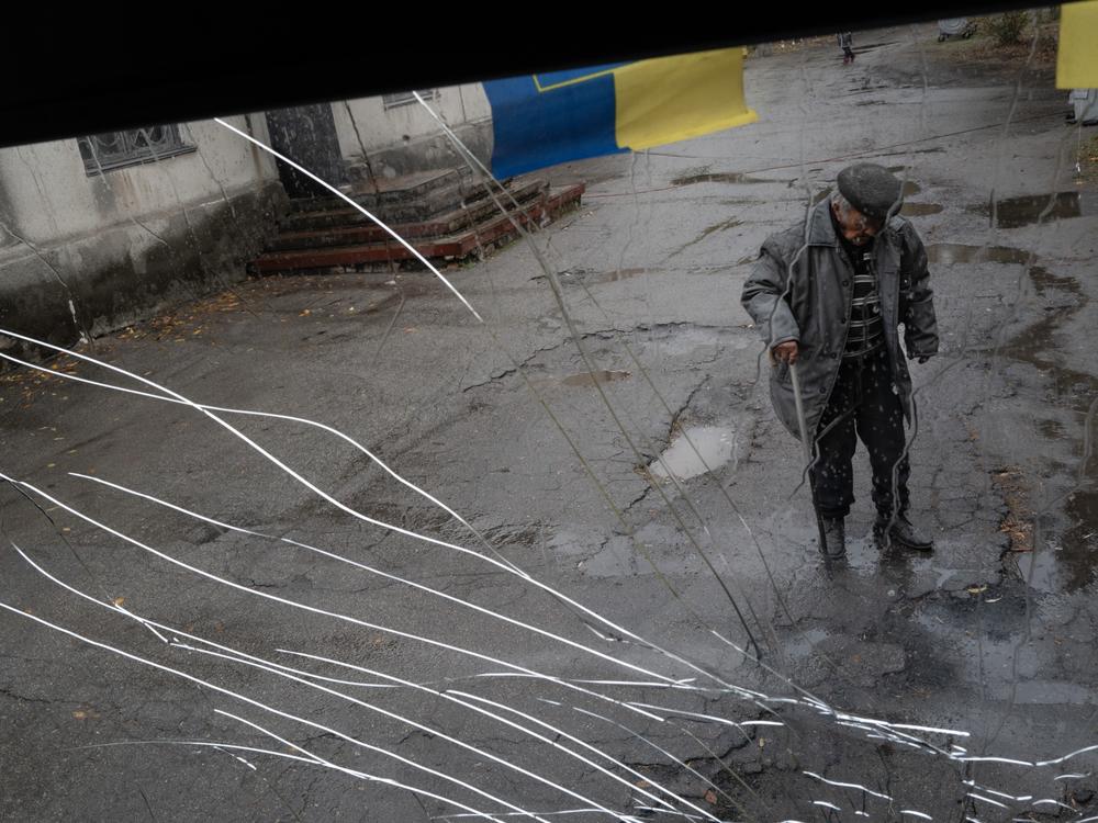 A Ukrainian man from the city of Pokrovsk goes to board a bus in Pavlohrad, Ukraine, to seek safety in the western part of the country or elsewhere in Europe, on Oct. 19.