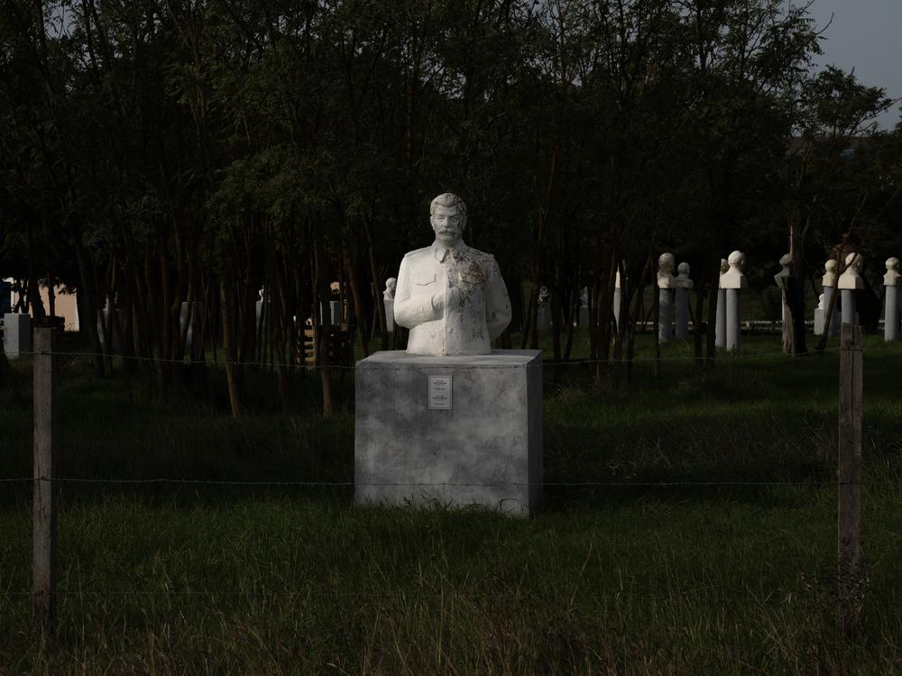 A monument of Soviet leader Josef Stalin sits in a statuary garden in Frumushika-Nova, Ukraine.